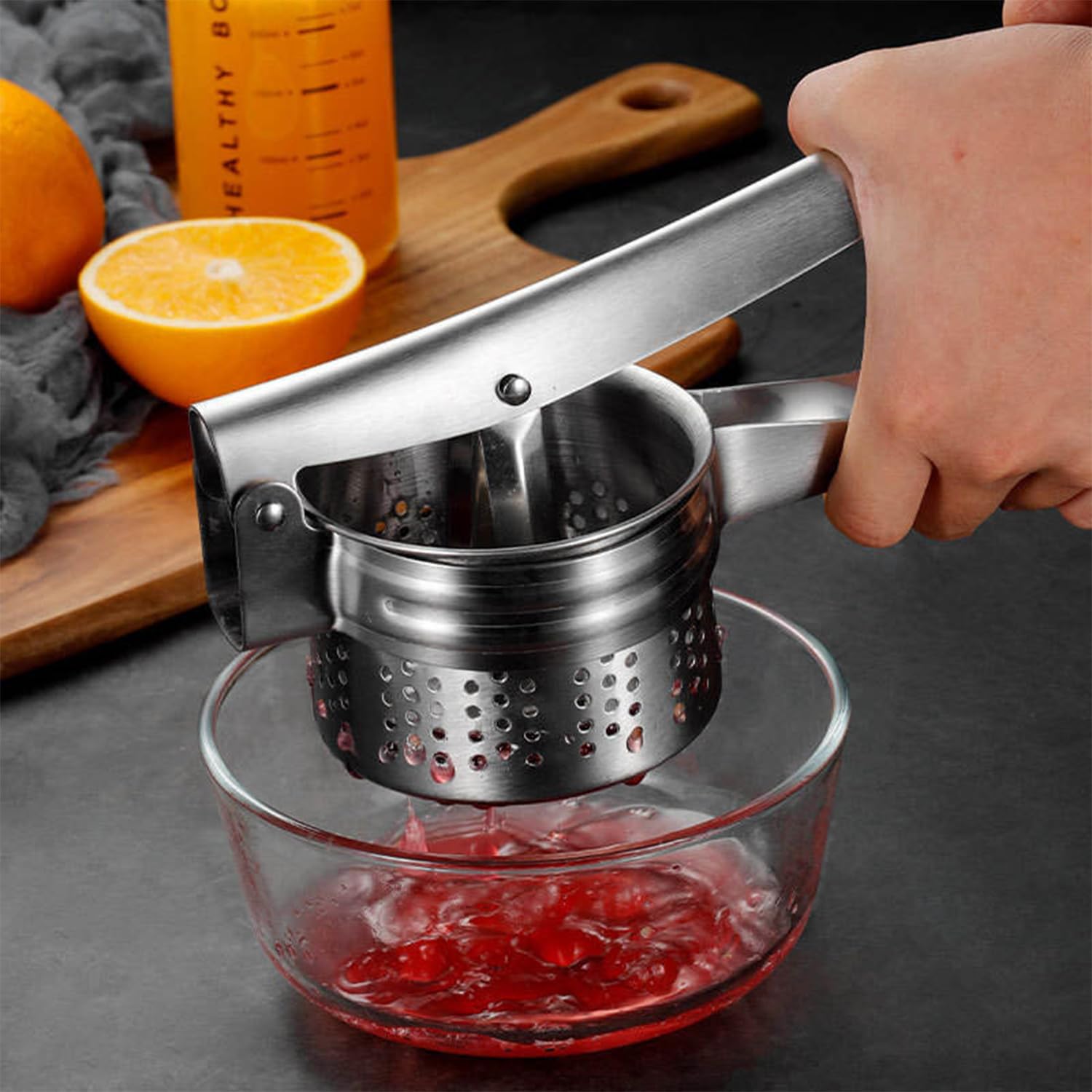 AEX Kartoffelpresse aus robustem Edelstahl, Kartoffelpüree-Stampfer, Zitronenpresse, Küche, Kochen, Stampfer für flauschige Kartoffelpüree, spülmaschinenfest, Silber