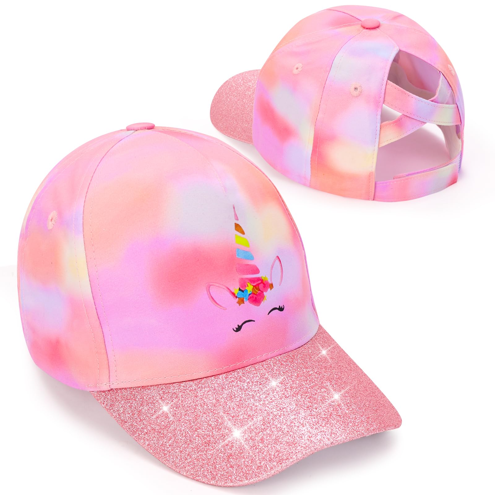 BROMZGirls Glitter Baseball Cap Kids Ponytail Hat Adjustable Summer Mesh Trucker Hats for 4-12 Years