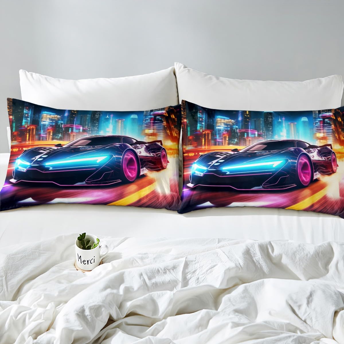 Loussiesd Kids Blue Black Race car Duvet Cover Double Size - Image 4