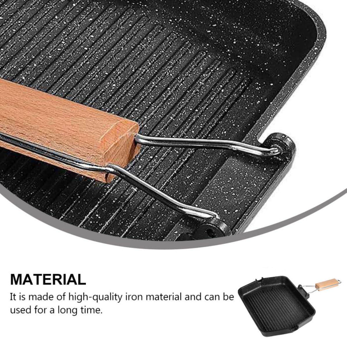Padella Grill Antiaderente per Bistecche, Ferro Nero, Manico Pieghevole