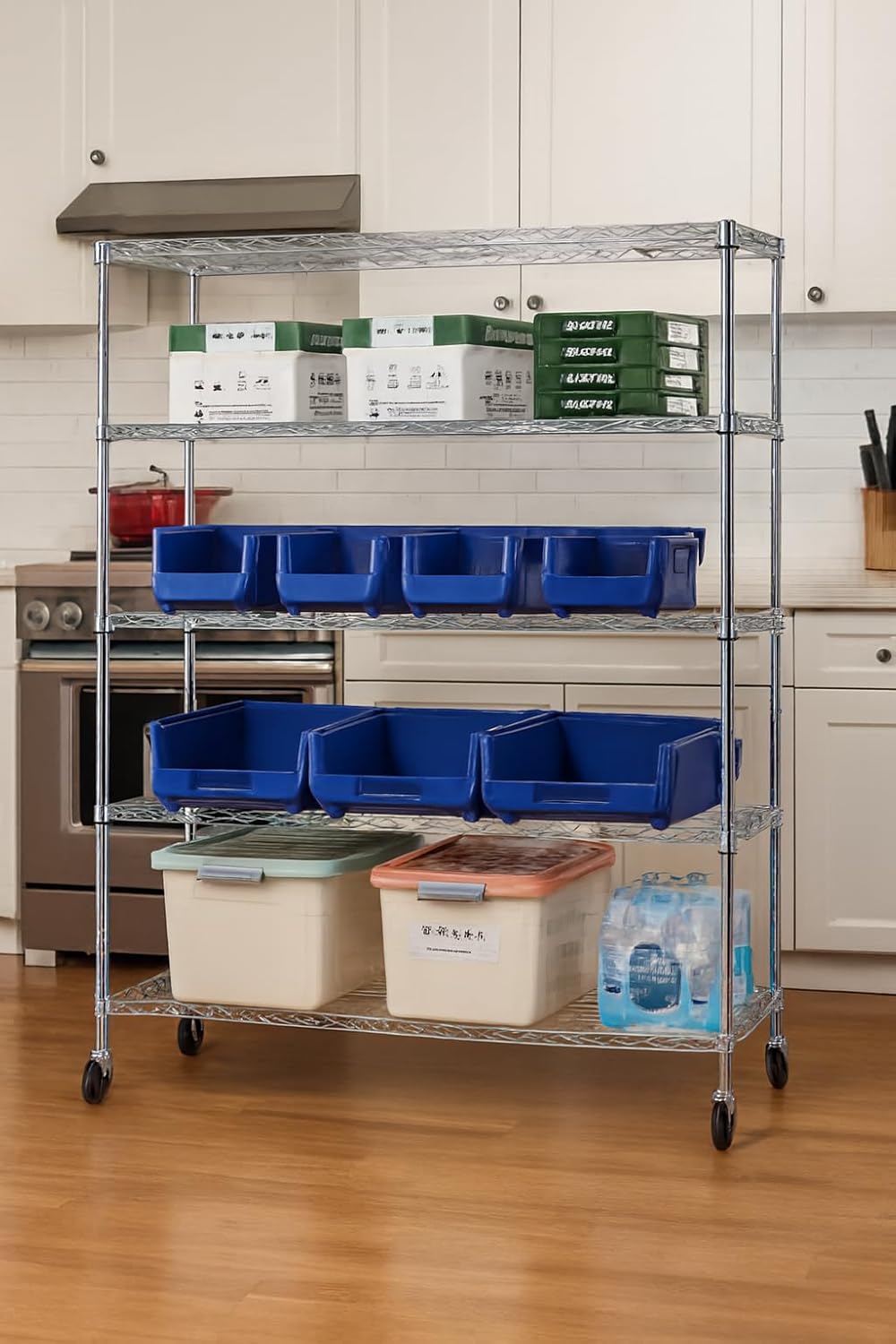 Premium Heavy Duty 5-Tier NSF Adjustable Storage Metal Rack with Wheels, Commercial Chrome Wire Shelving, 1200LB Garage & Kitchen Shelving Unit, Tool-Free Assembly Rolling Shelves, 70.9" H x 59" W