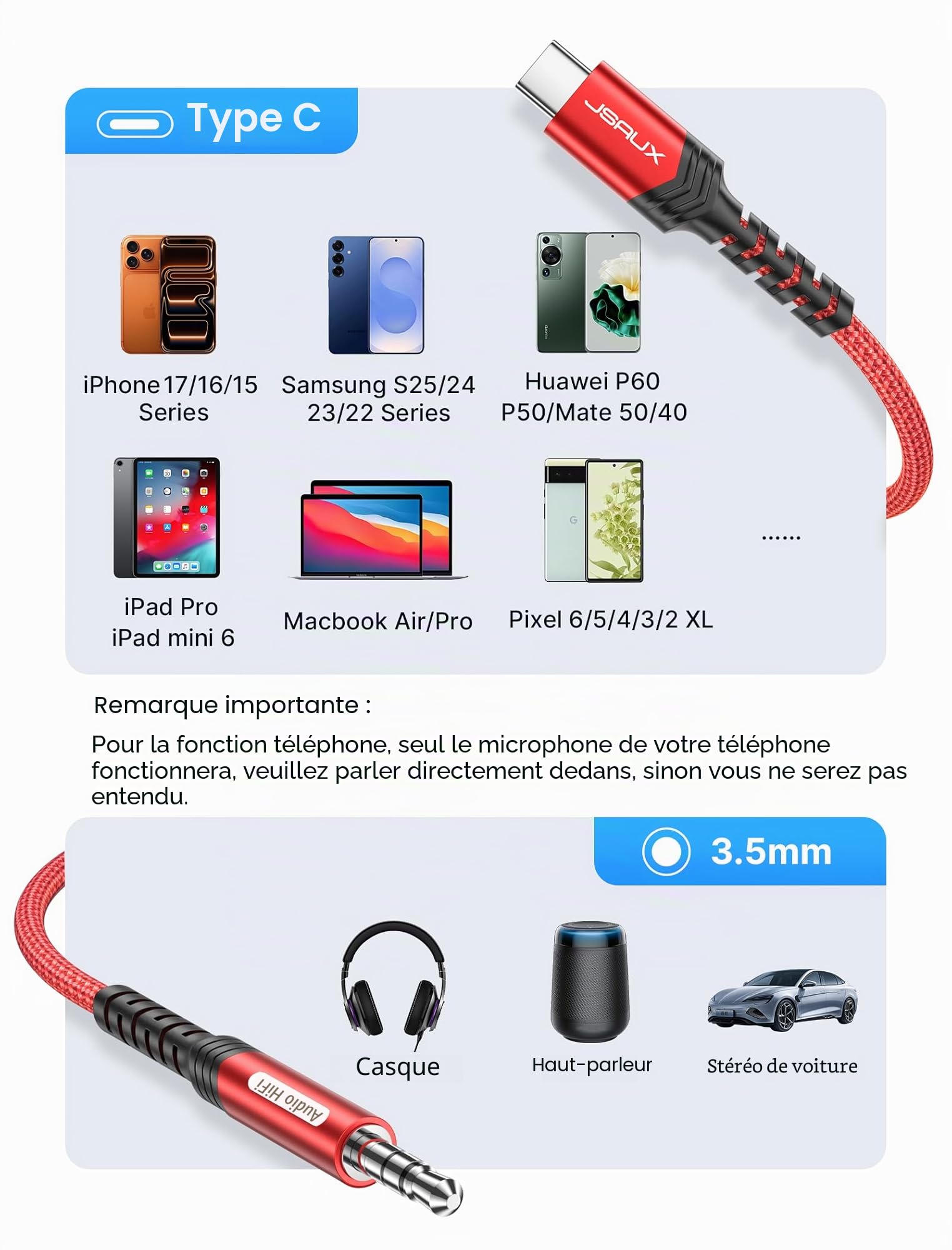 JSAUX Câble USB C vers 3,5mm Jack, Type C vers 3.5mm Mâle Adaptateur Jack Stéréo Voiture auxiliaire Compatible avec iPhone 17 Air/16/15 Pro Max, Galaxy S25 S24 S23 S22 Ultra, iPad Pro, Huawei P40