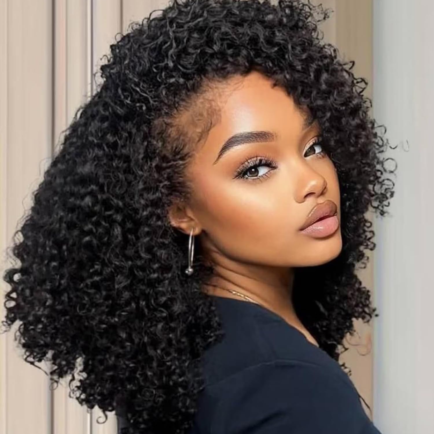 Prosa Kinky Curly Half Wig, 3-in-1 Synthetic Hair with Drawstring Headband, Clip-in Glueless Seamless Flip Over Design, Color 1B, for Women (24inch)