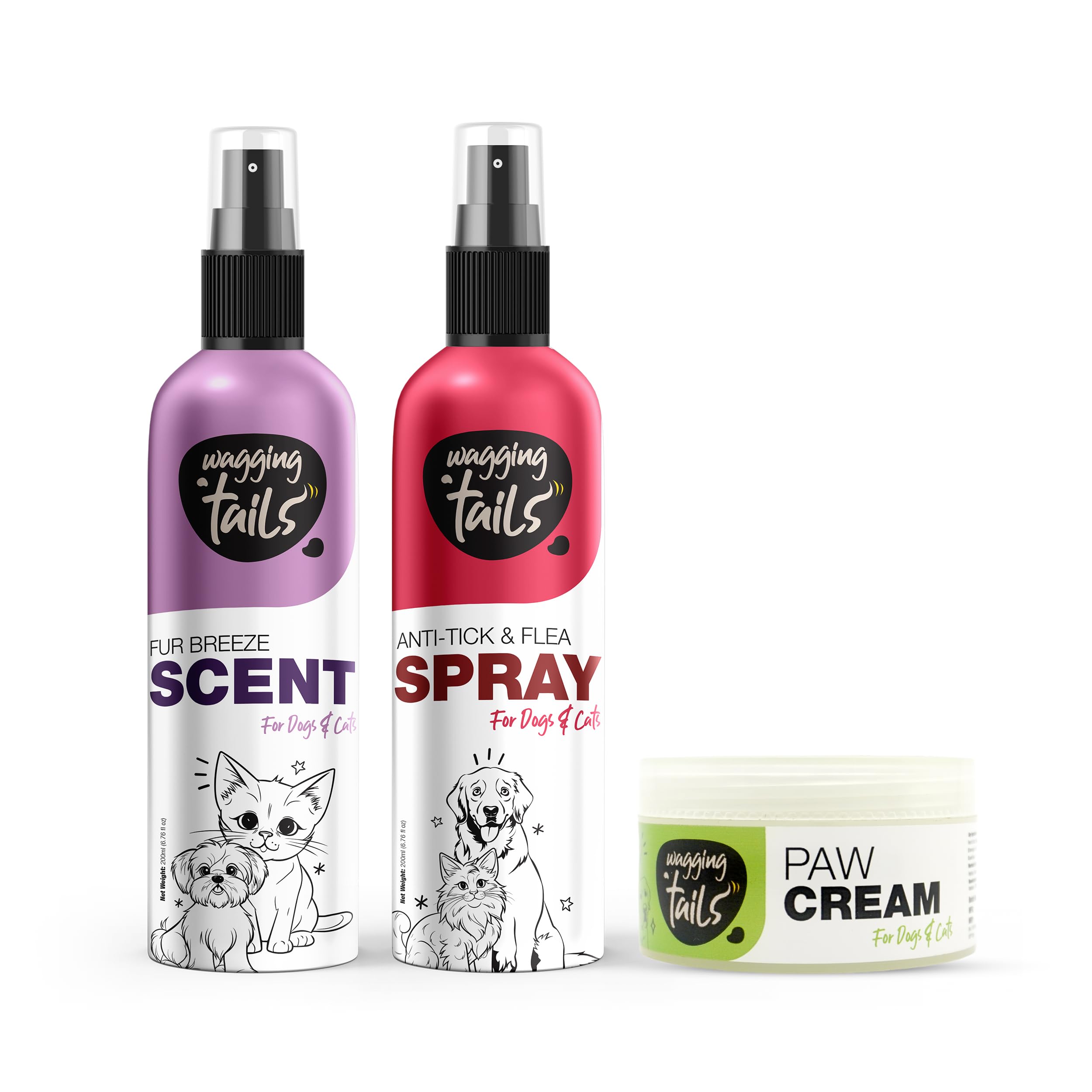 Wagging Tails 3-in-1 Grooming Kit for Dogs & Cats | Anti-Tick & Flea Spray 200 ml, Paw Cream 50 g & Fur Breeze Scent Spray 200 ml