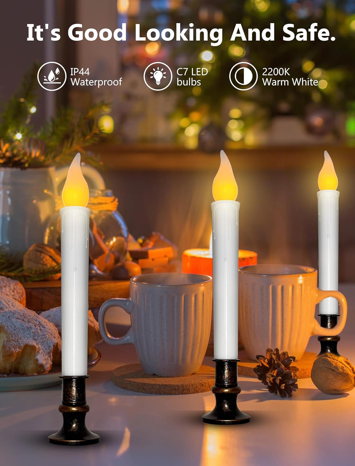 4 Pack Christmas Battery Operated LED Window Candles with Timer, 7.75" Teardrop Flameless Candle Lamp with 4 Suction Cups for Indoor Party Mantels Table Birthday Home Decor, Bronze