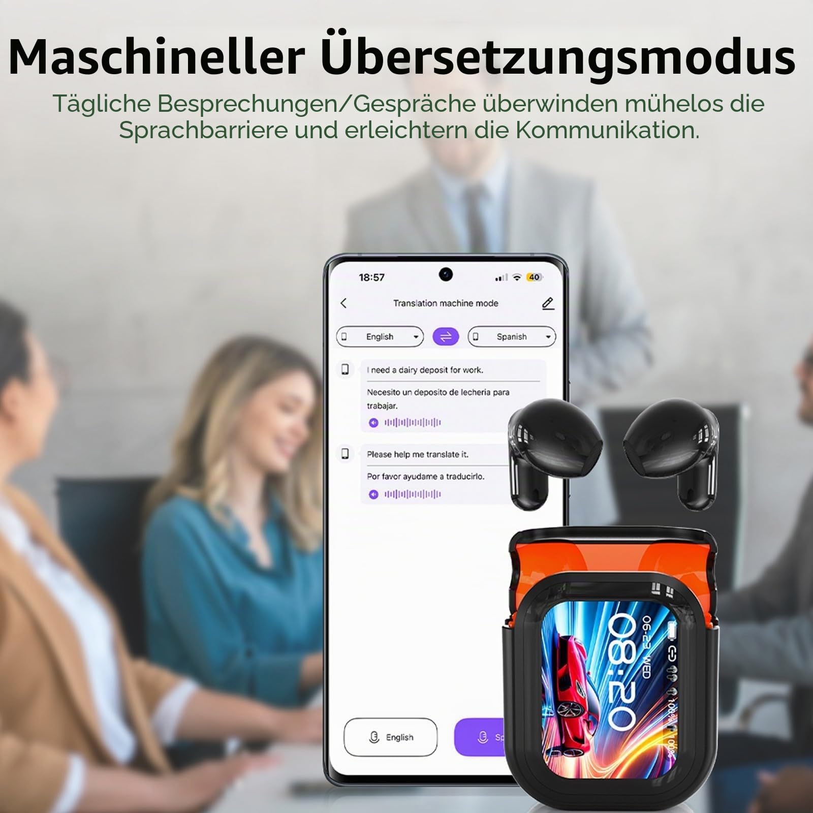 2025 NEUE NE20 AI-Übersetzer-Ohrhörer Echtzeit, 3-in-1 Bluetooth 6.0 Übersetzer-Kopfhörer mit 6 Übertragungsmodi, LCD-Touchscreen für 135 Sprachen/Akzente, 60 Stunden Spielzeit für Reisen