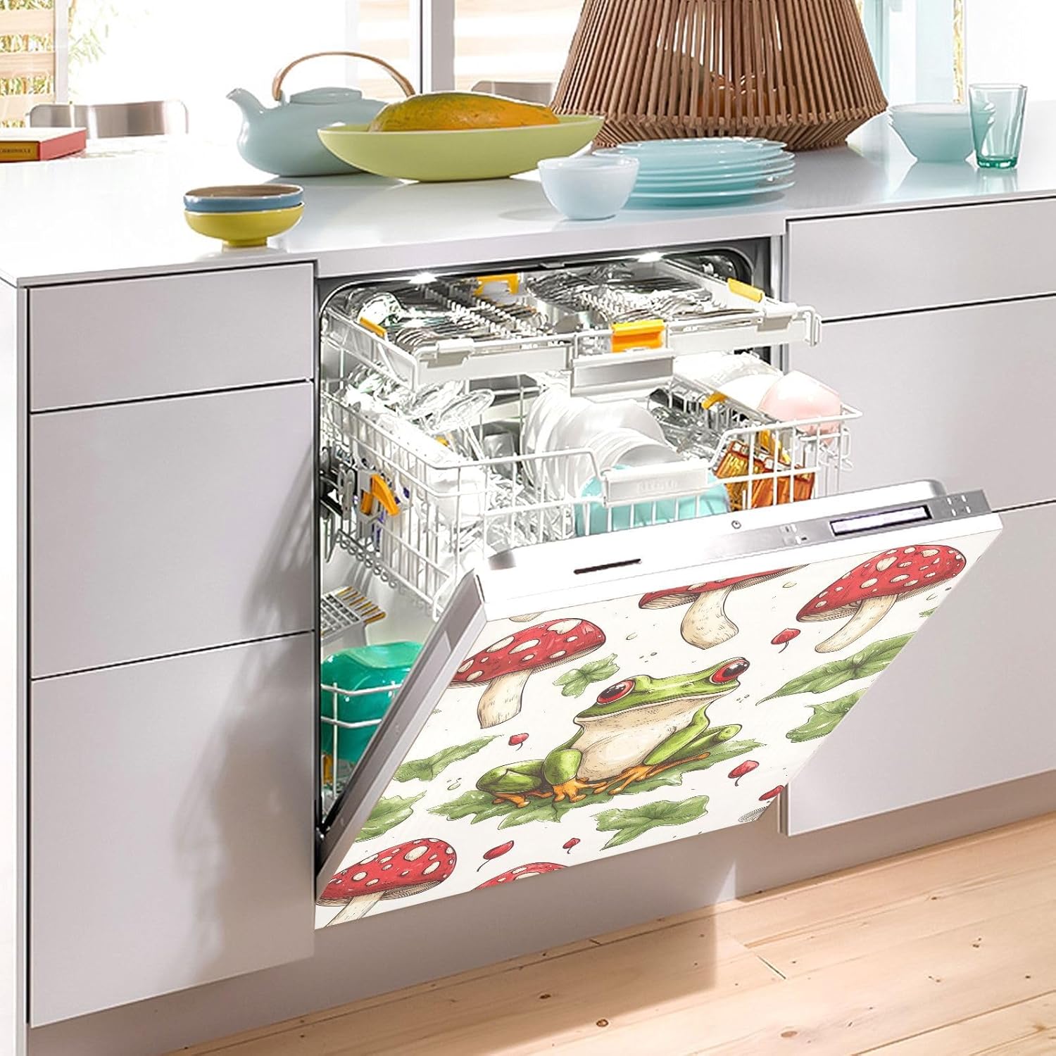 Cute Frog Dishwasher Magnet Cover, 23x26 Inch Decorative Front Dishwasher Cover Sticker, Home Decoration for Kitchen Appliances