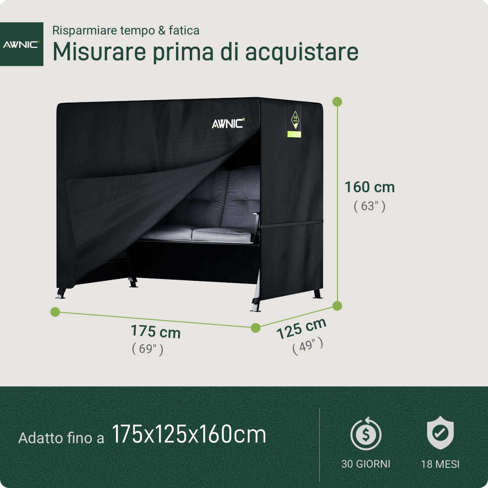 AWNIC Copri Dondolo 2 Posti Impermeabile Resistente ai Raggi UV e Agli Strappi Copertura Dondolo 420D Oxford Durevole Adatto per le Dondolo da Giardino 175x125x160cm