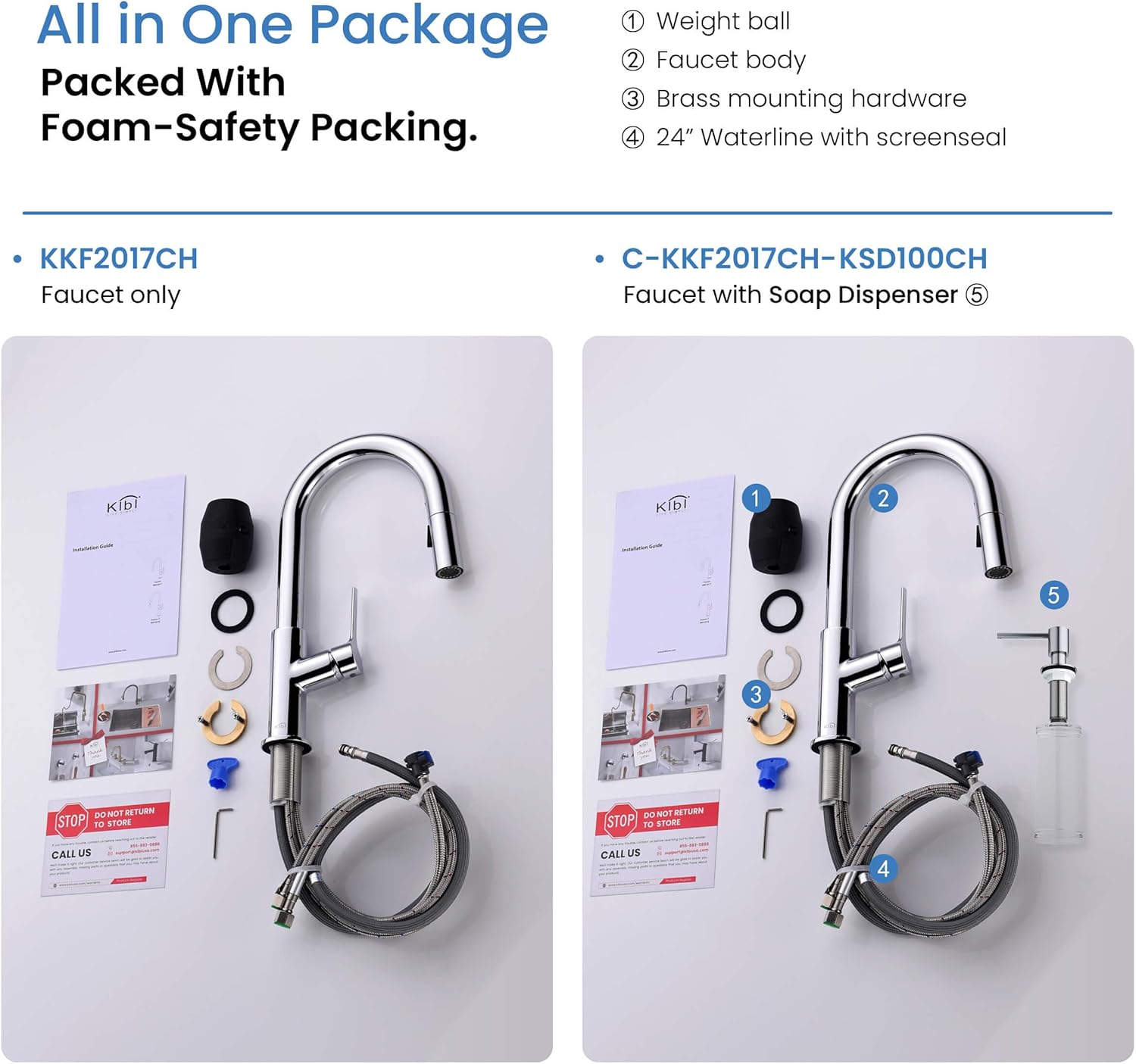 KIBI Fusion Single Handle Pull Down Kitchen Faucet with Soap Dispenser | High Arc Solid Brass Faucet Spout for Kitchen & Bar Sink | 360° Swivel Pull Down Sprayer (Chrome Finish, KKF2017)