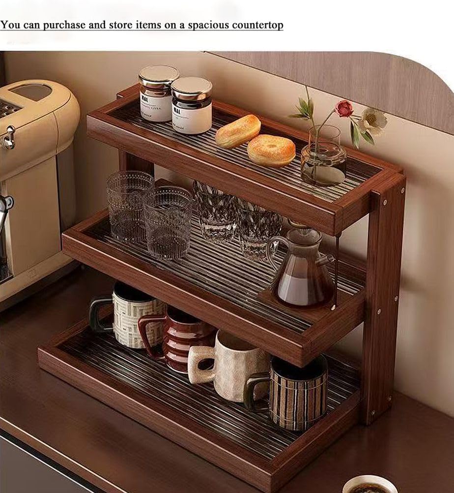 Kitchen Countertop Wood Mug Cup Holder Condiment Organizer, Multi-Functional coffee Station Standing Shelf Accessories, Cup Display, Counter spice Storage Rack