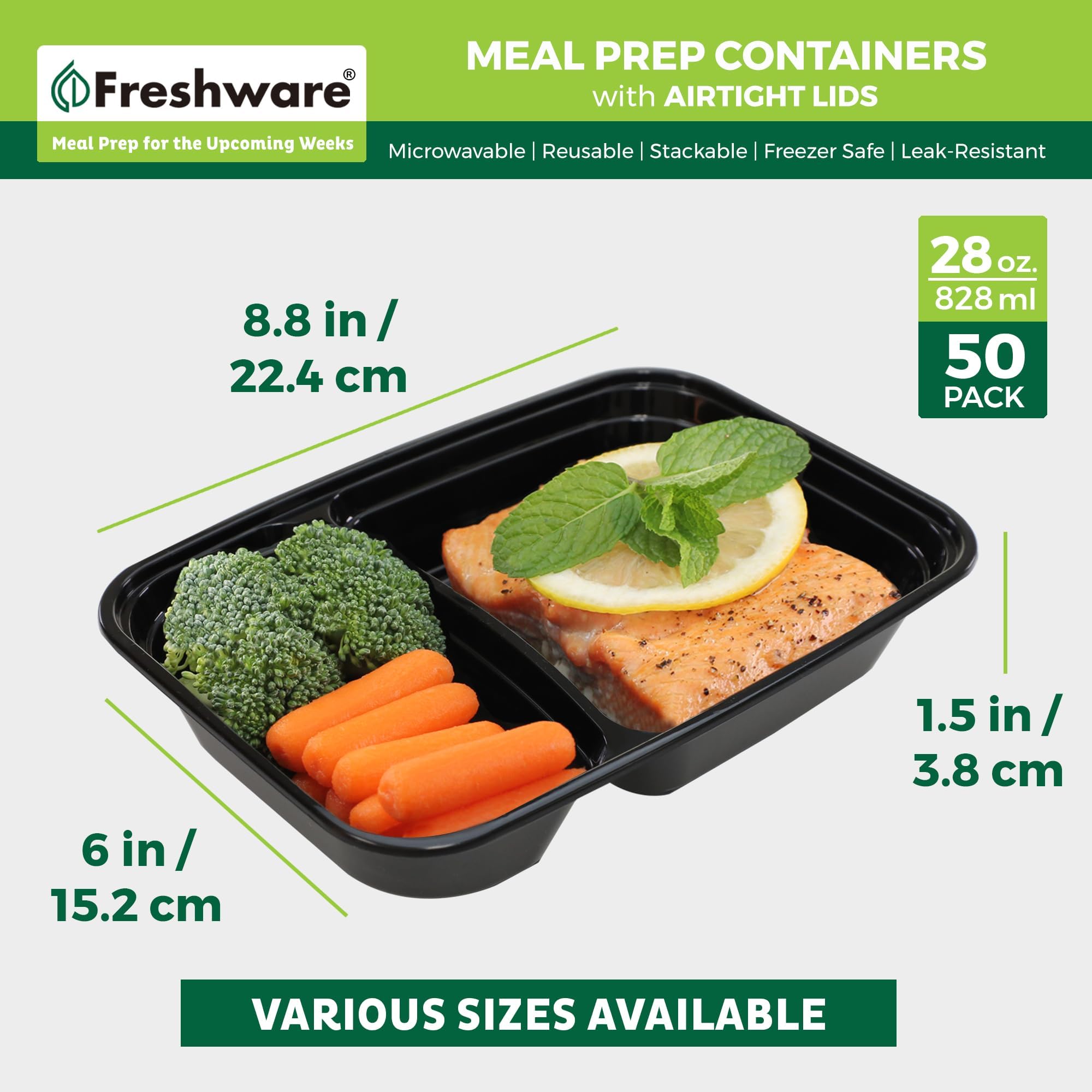 Freshware Meal Prep Containers [50 Count ] 2 Compartment with Lids, Food Storage Containers, Bento Box, BPA Free, Stackable, Microwave/Dishwasher/Freezer Safe (32 oz)