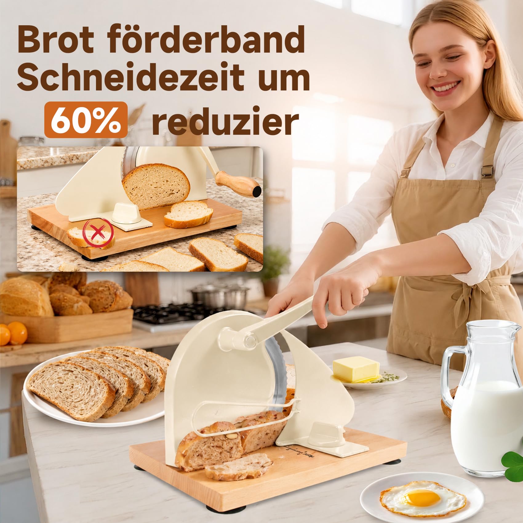 Brotschneidemaschine Manuell mit Handkurbel, Brotschneider 0–23 mm, Verstellbare Schnittstärke, Edelstahlklinge, Führungsschiene, Saugnäpfe, für Sauerteigbrot, Toast, Baguette