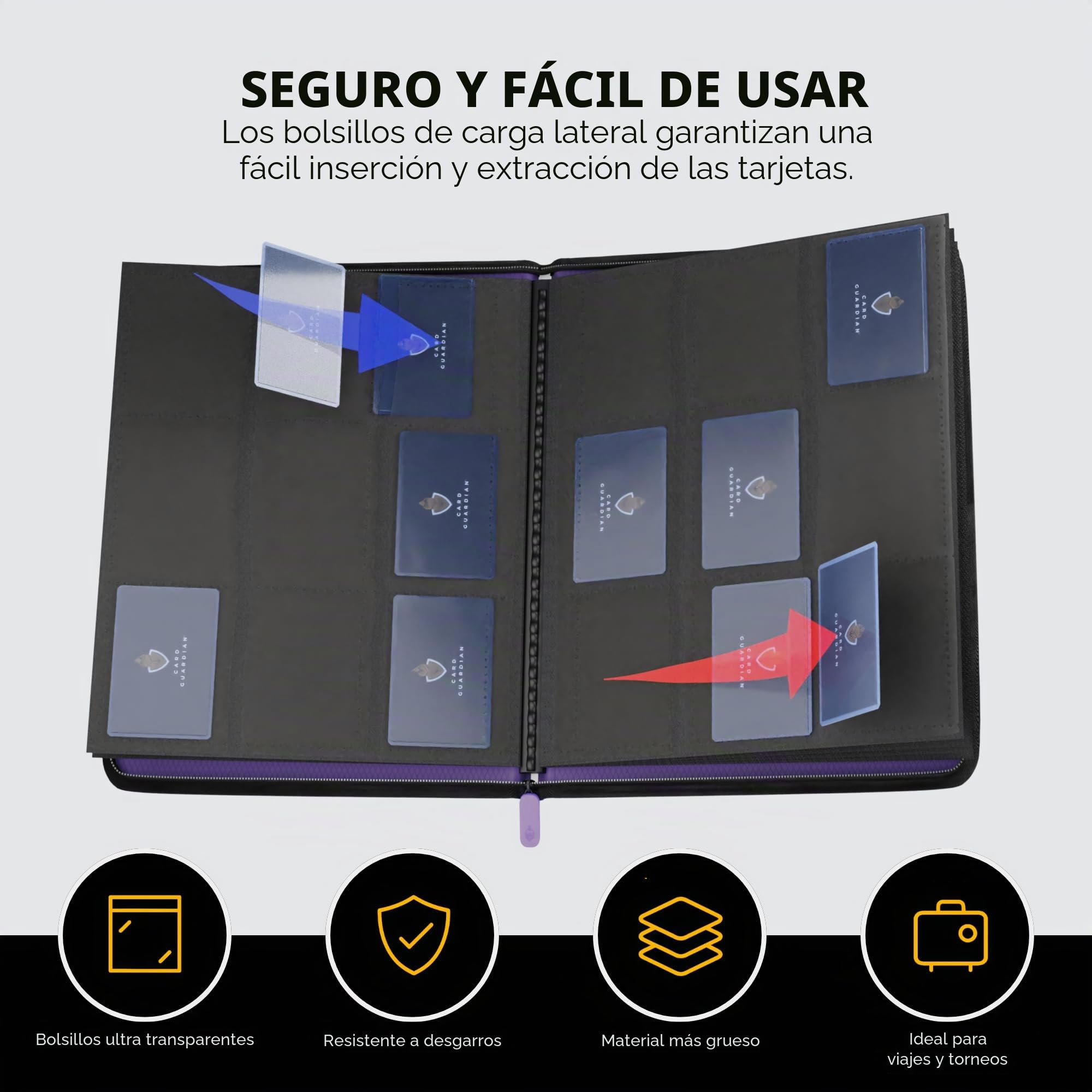Card Guardian - Carpeta de 9 bolsillos con cremallera para 504 tarjetas, bolsillos laterales para juegos de cartas coleccionables TCG (morado)