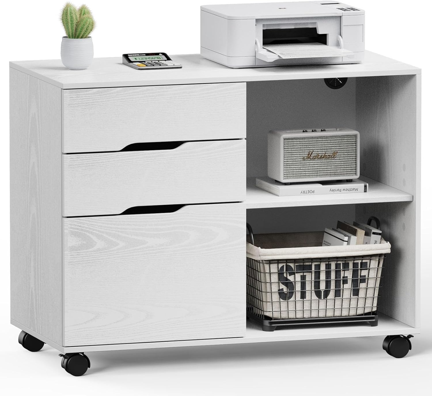 Healsmart Multifunction File Cabinet with Wheels, 3-Drawer Rolling Storage Organizer with Wood Top & Adjustable Shelf, Mobile Filing Cabinet Printer Stand for Home Office Small Space, White