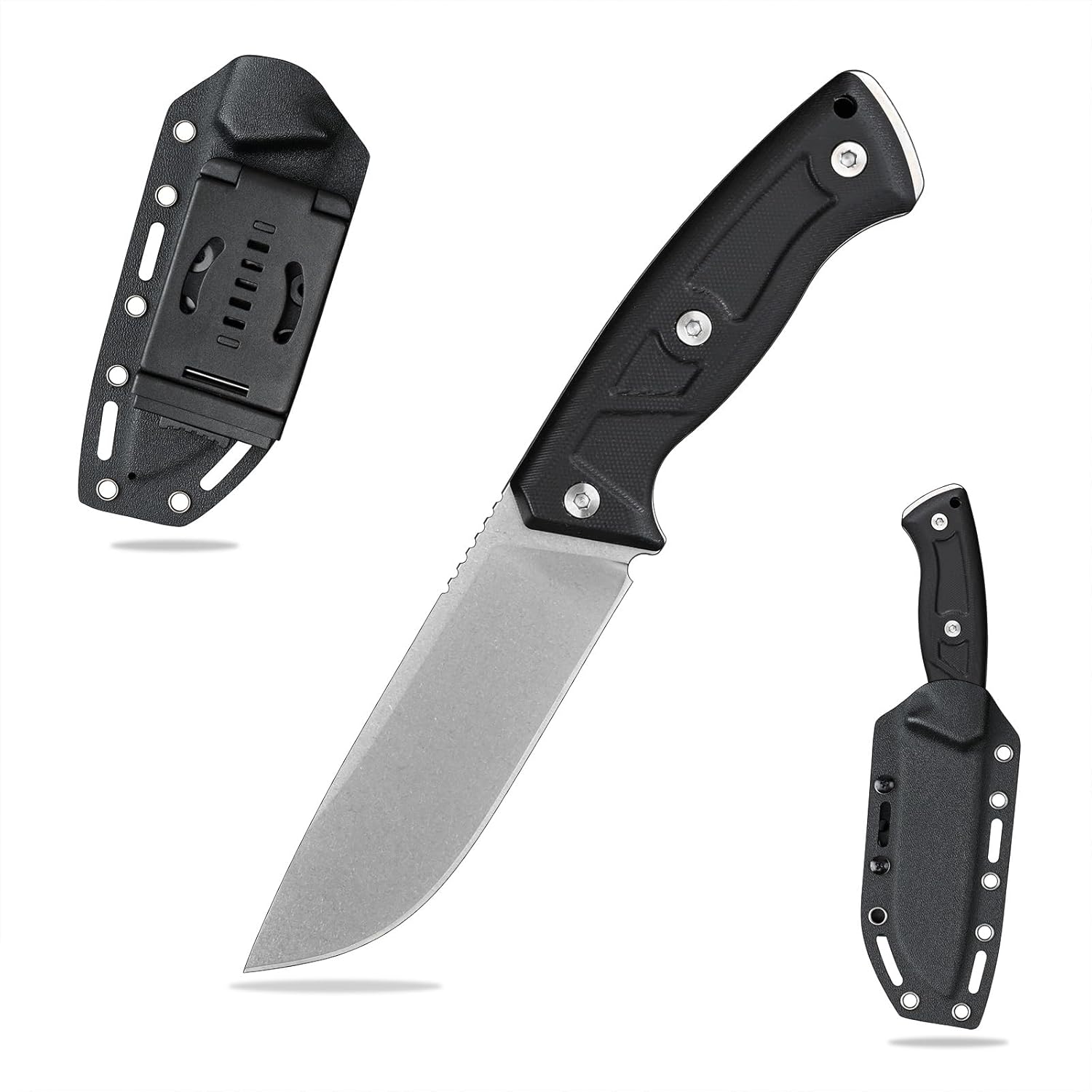 Knives 14C28N Steel Tactical Fixed Blade Knife with kydex sheath G10 Handle for Men EDC Outdoor Camping Survival Hunting (White stone wash+black G10)