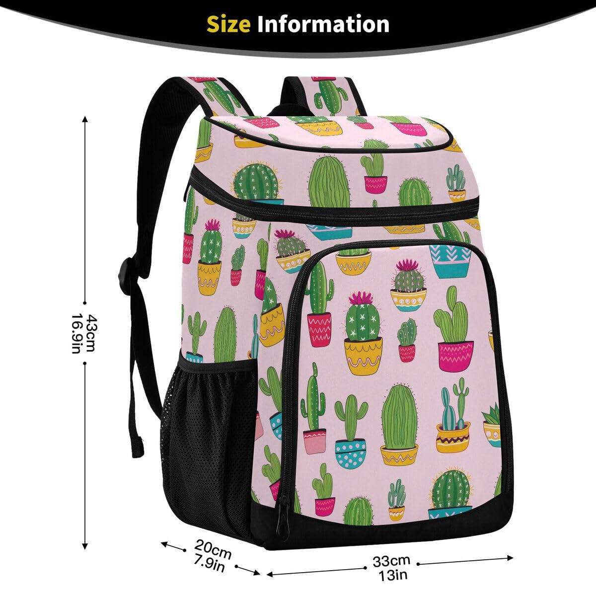 Pink Cactus Plant Cooler Backpack Leakproof Insulated Lunch Cooler Bag 30 Cans Camping Backpacks for Road Trip Picnic Beach