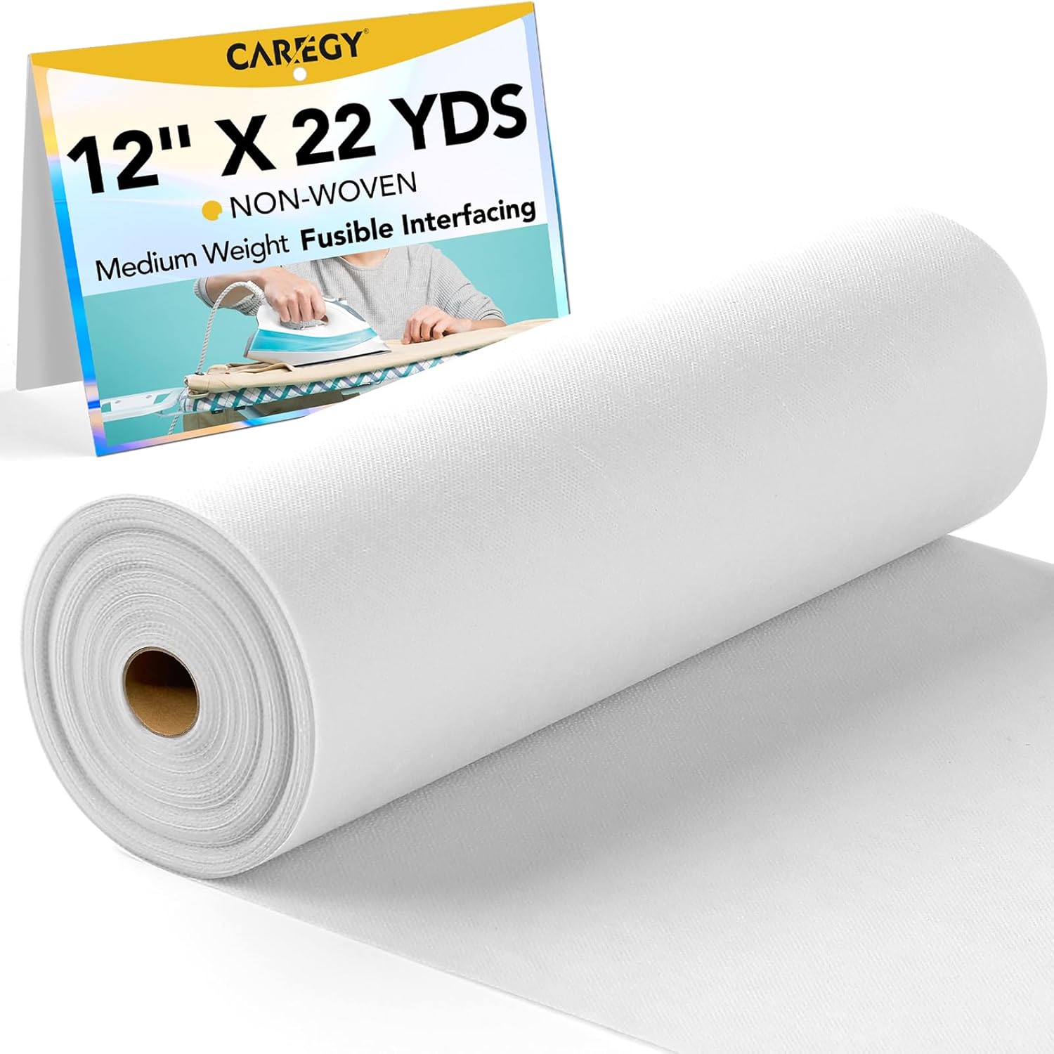 CAREGY 12 inch X 22 Yards Iron-On Fusible Interfacing Medium Weight White Non-Woven Polyester Single-Sided Interfacing for Crafting Quilting Sewing DIY Crafts Supplies Medium Weight-12inchesx22Yards