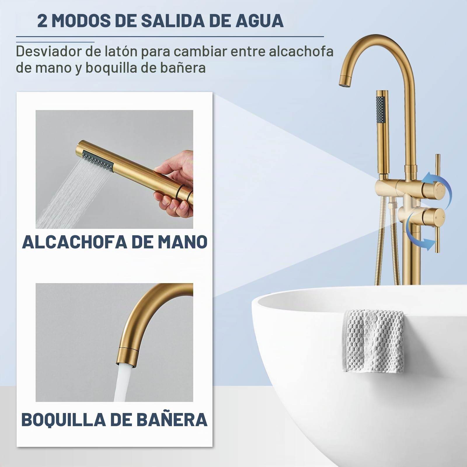 Grifo de bañera independiente para montaje en el suelo, grifo de ducha de alto flujo dorado cepillado con grifo mezclador de ducha de mano, boquilla giratoria