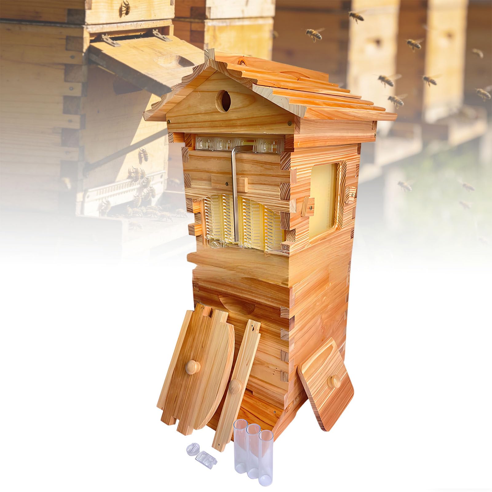 Ymnogjie Beehive Starter Kit,Bee Hive with Observation Window and Honey Spout,Carpenter Bee House,for Garden Pollinators,Beekeeping