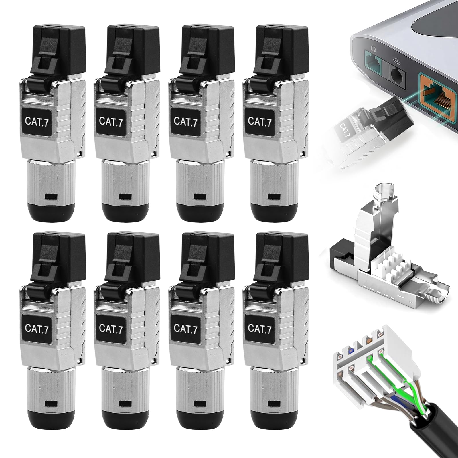 HOSPAOP Cat 7 RJ45 Stecker 10 Gbps Werkzeuglos – Netzwerkstecker Cat7 STP Vollgeschirmt, RJ45 Stecker für Verlegekabel AWG 22–24, LAN Stecker Vergoldet, Kompatibel mit Cat 6A 6, 8 Stück