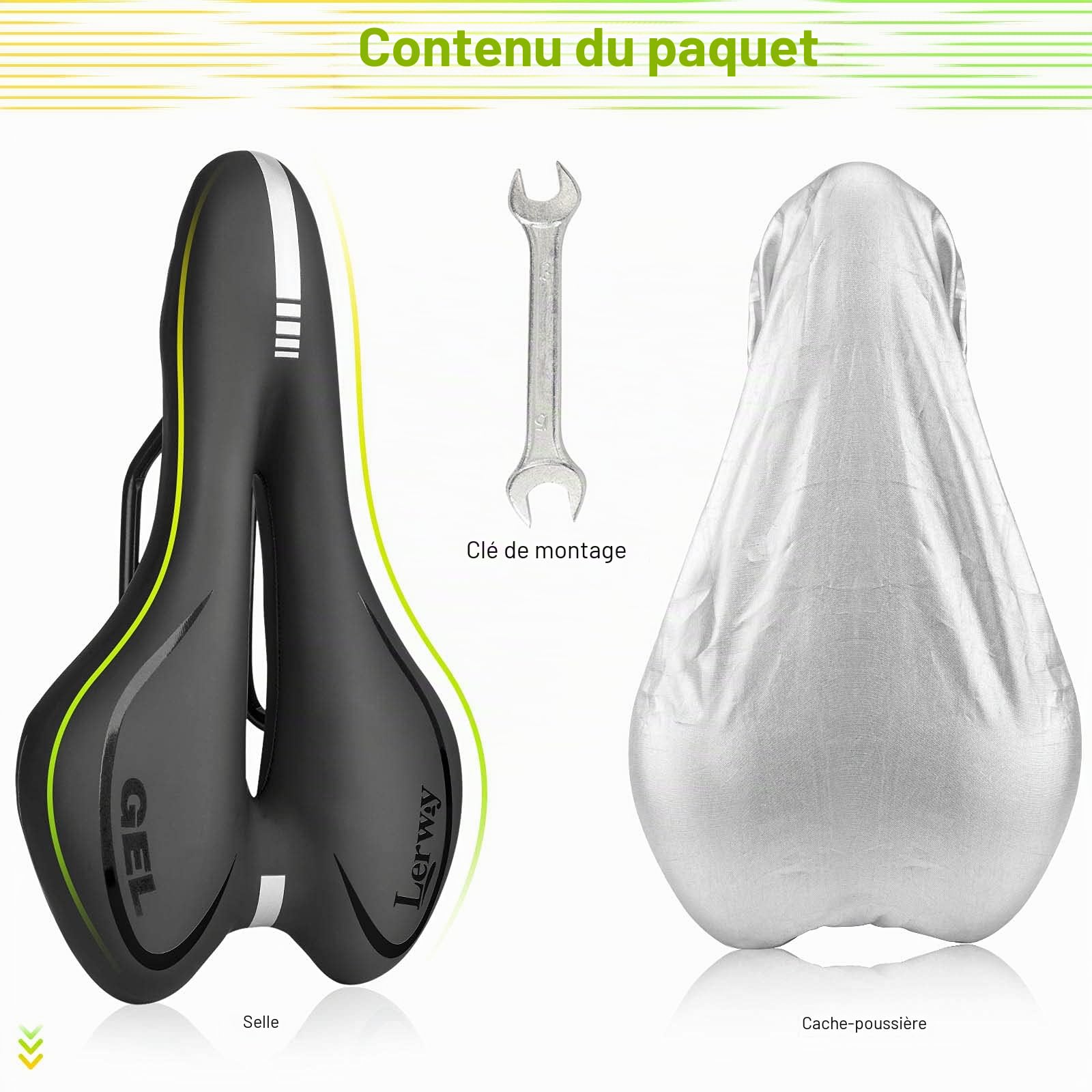 LERWAY Selle Vélo VTT, Selle Vélo MTB, Noir Siège de Vélo Route de Cyclisme BMX, Respirant Selle Vélo en PU Cuir, Imperméable Selle Velo Confortable Creux Réfléchissant Bike Saddle