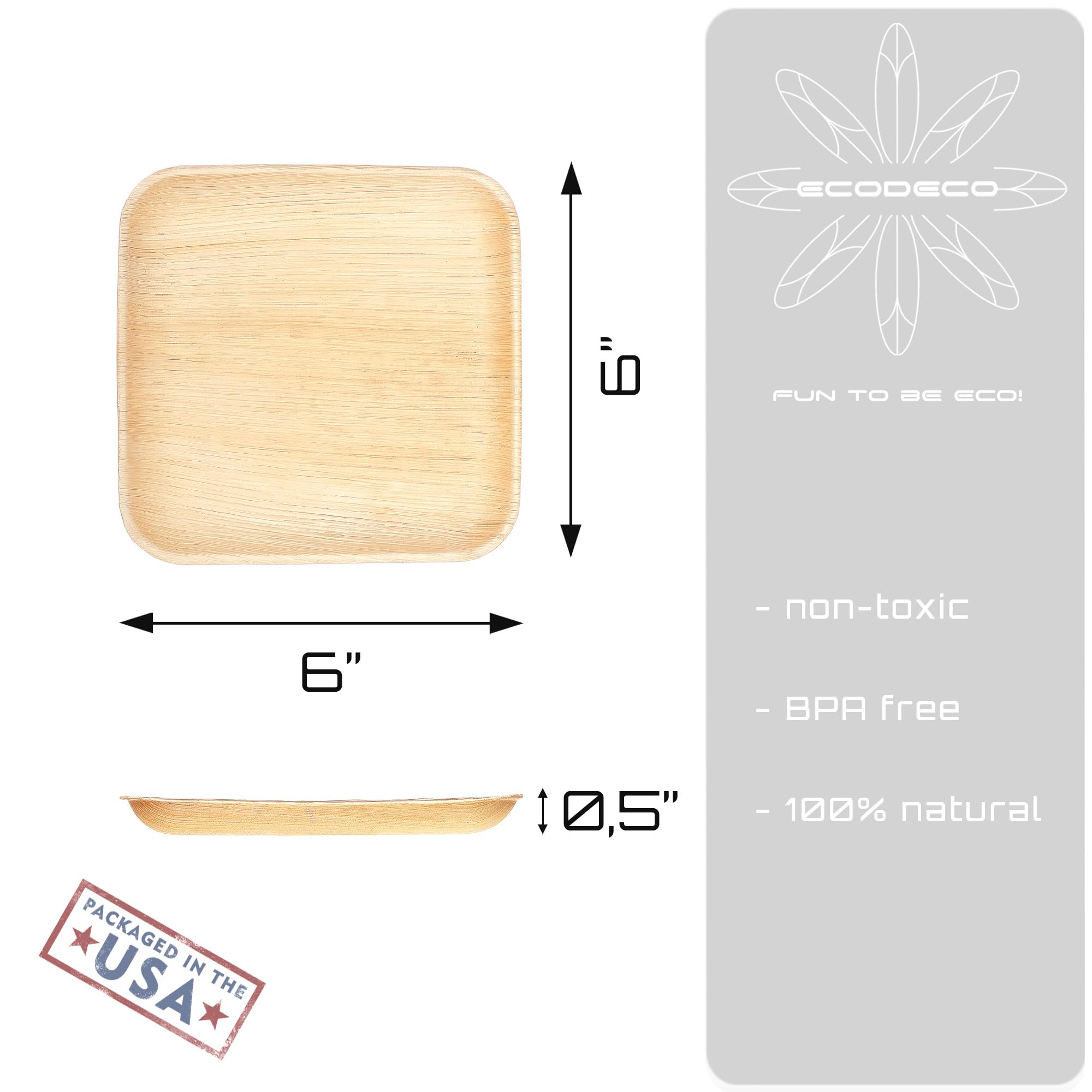 ECODECO 50 platos desechables de hoja de palma de 6 pulgadas, ecológicos como platos de fiesta de bambú para aperitivos o postres