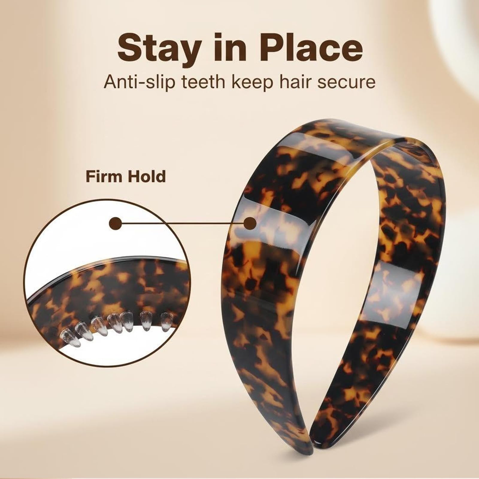 Wide Tortoise Shell Headband with Teeth Grip - Premium Tortoise Headbands for Women - Thick Non Slip Flexible Resin Hair Band for Daily Commute & Styling (Dark Tortoiseshell)