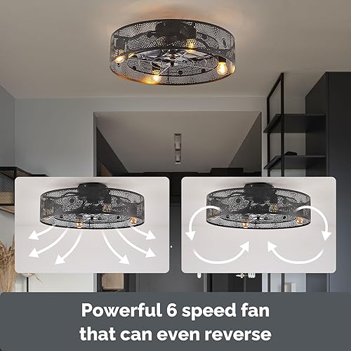 Miniatura 7 de Orison Ventilador de techo enjaulado de 20 pulgadas con luz, 6 velocidades, temporizador, motor reversible, ventilador de techo industrial de perfil