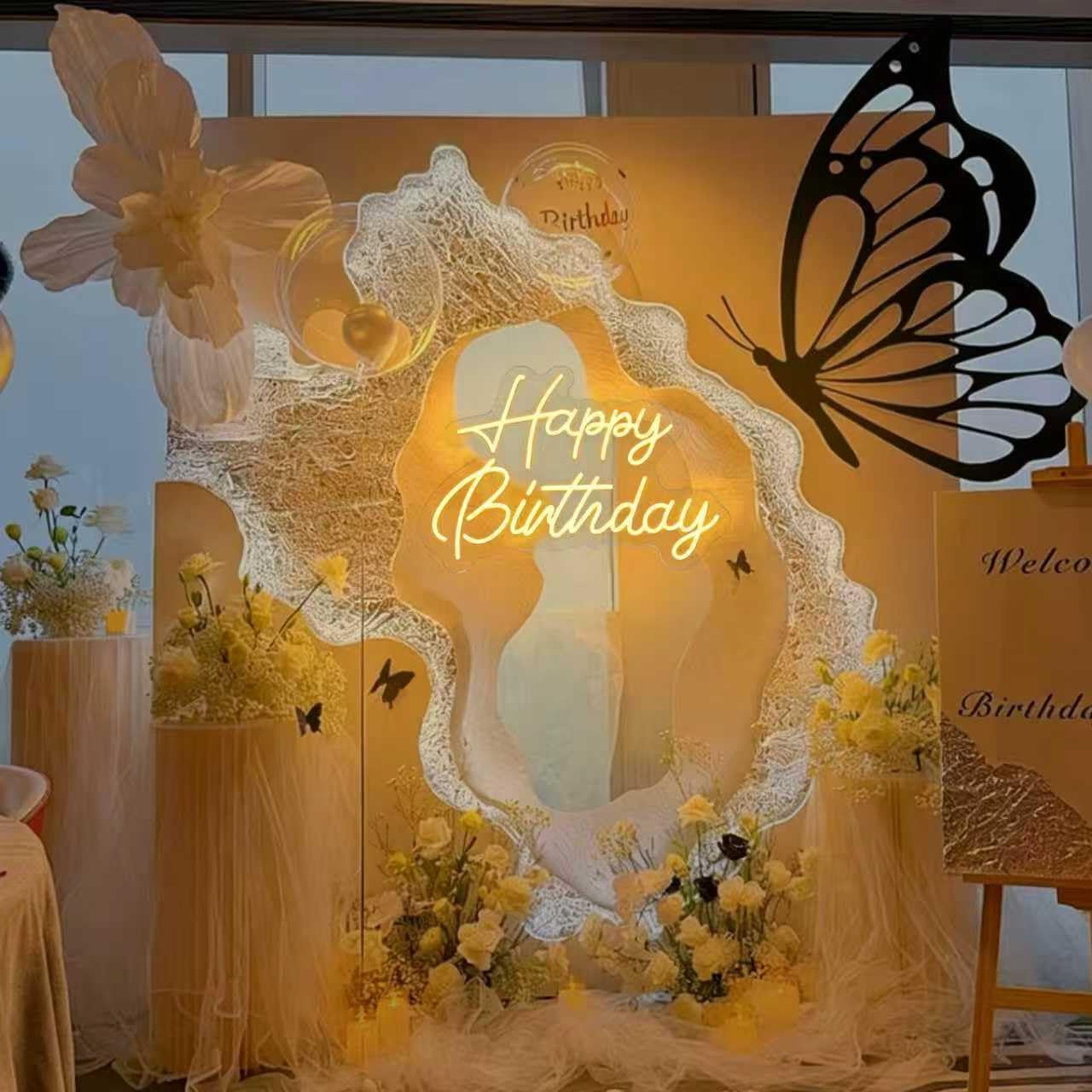 HMT Happy Birthday Neon Sign Warm White 22×16.9 Inch Large Backdrop Neon Light, Dimmable LED Light Up Sign for Birthday Party Wall Decor