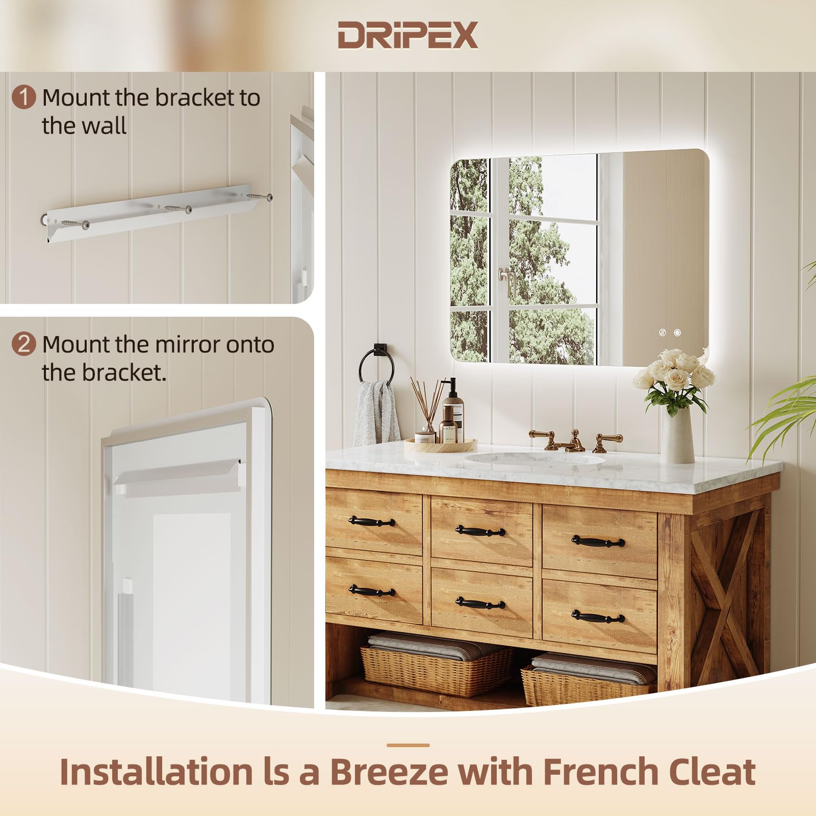 Dripex Specchio Bagno LED 50x70 cm, Specchio da Trucco con retroilluminato Anti Nebbia 3 Temperature Colore e Dimmerabile Specchio Luce da Parete Moderno con Smart