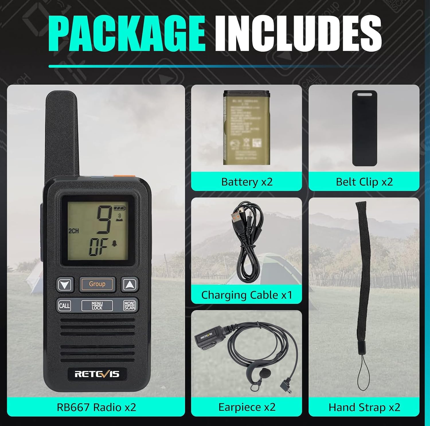 Retevis RB667 Walkie Talkie Profesional Pequeño, PMR446 Walkie Talkie Recargable 1600mAh, Pantalla LCD, VOX, USB-C, para Adultos, Restaurante, Senderismo (Negro,2 Pcs)