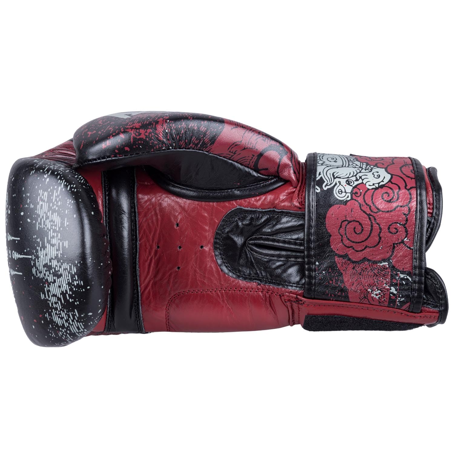 8 WEAPONS Boxhandschuhe Hanuman Yant, Schwarz-rot, Training, Sparring & Wettkampf, Leder, Perfekte Dämpfung & stabile Nähte, Handschuhe für Muay Thai, K1, Boxen, MMA und Kickboxen