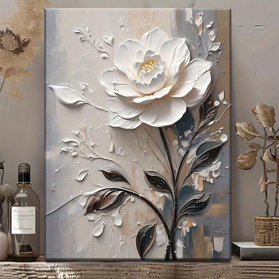 Décoration salon tableau fleurs blanches et feuillage gris - 4