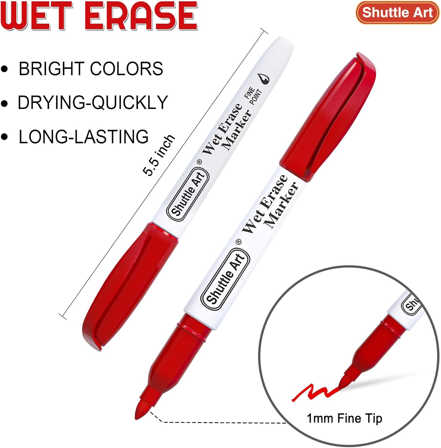 Wet Erase Markers, Shuttle Art 12 Colors 1mm Fine Tip Overhead Projectors Transparency Smudge-Free Markers, Works for Laminated Calendars Whiteboard Schedule Glass, Wipe with Water : Office Products