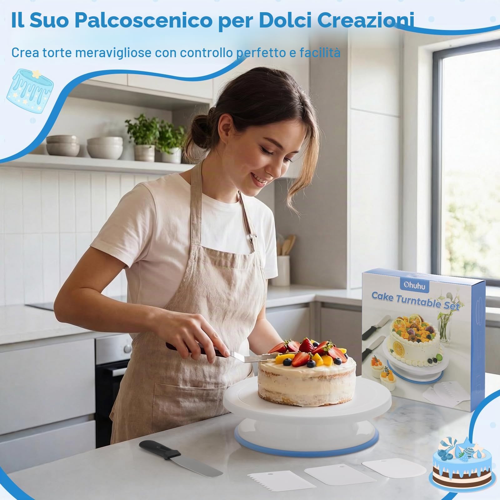 Ohuhu Piatto Girevole per Torte, 11 Pollici Piatto Girevole with Base Antiscivolo e Accessori - 2 Spatola Liscia e 3 Pettini Liscia, Kit Pasticceria per Decorare Torte, Scelta Regalo Perfetta