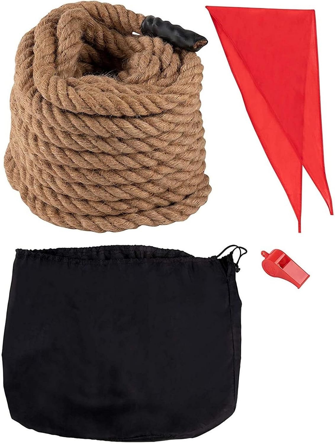 BLUE PANDA Field Day Tug of War Rope - 50 ft Brown Jute - Team Building Activity & Summer Camp Outdoor Rope with Flag & Whistle for Relay Race, Sack Race & Obstacle Course for Adults