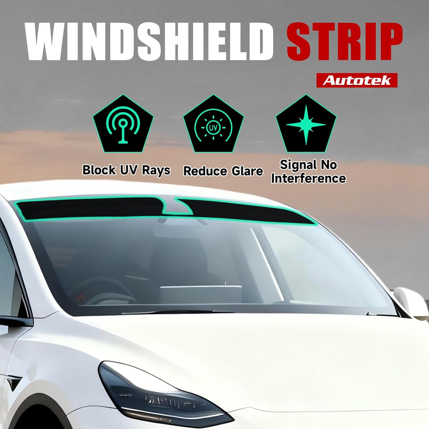 AUTOTEK Front Windshield Sun Strip Tint for Tesla Model Y 2020–2024, 2-Ply Precut Window Tint Film for Heat, UV & Glare Reduction, DIY Friendly Auto Sun Visor Strip for SUV Accessory, Black