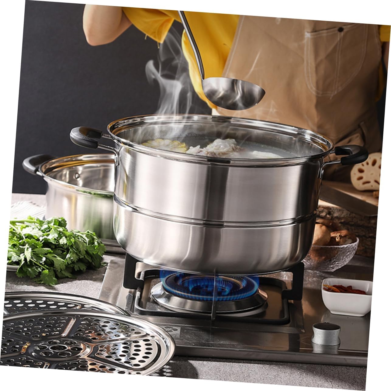 Creative Multi-function Stainless Steel Steam Pot for Soup and Steaming Kitchen Utensil with Storage for Easy Use and Space-saving