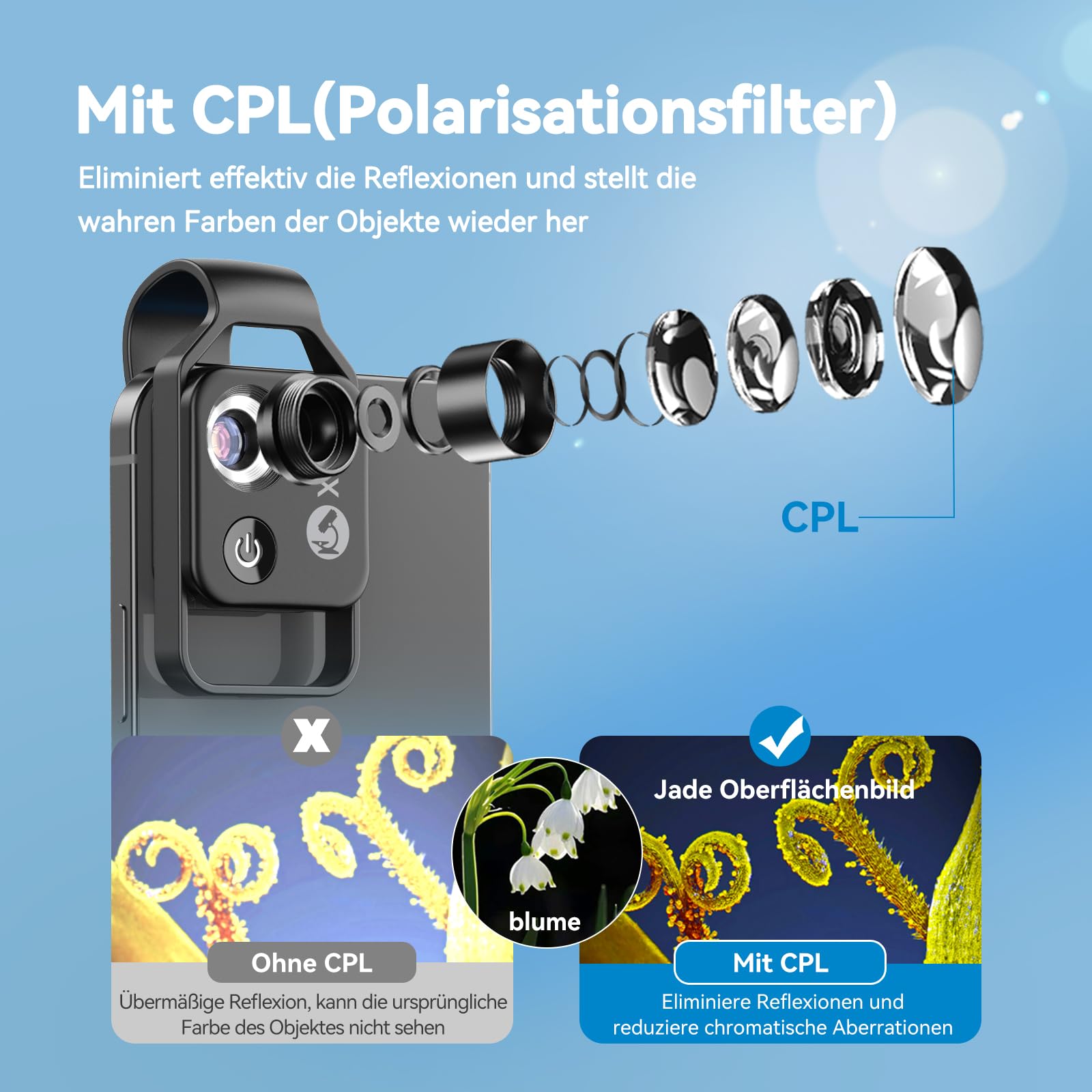 Evil eye 200 x Telefonmikroskop Mini-Mikroskop mit CPL 2 Helligkeitsmodi Keine App erforderlich für Microworld
