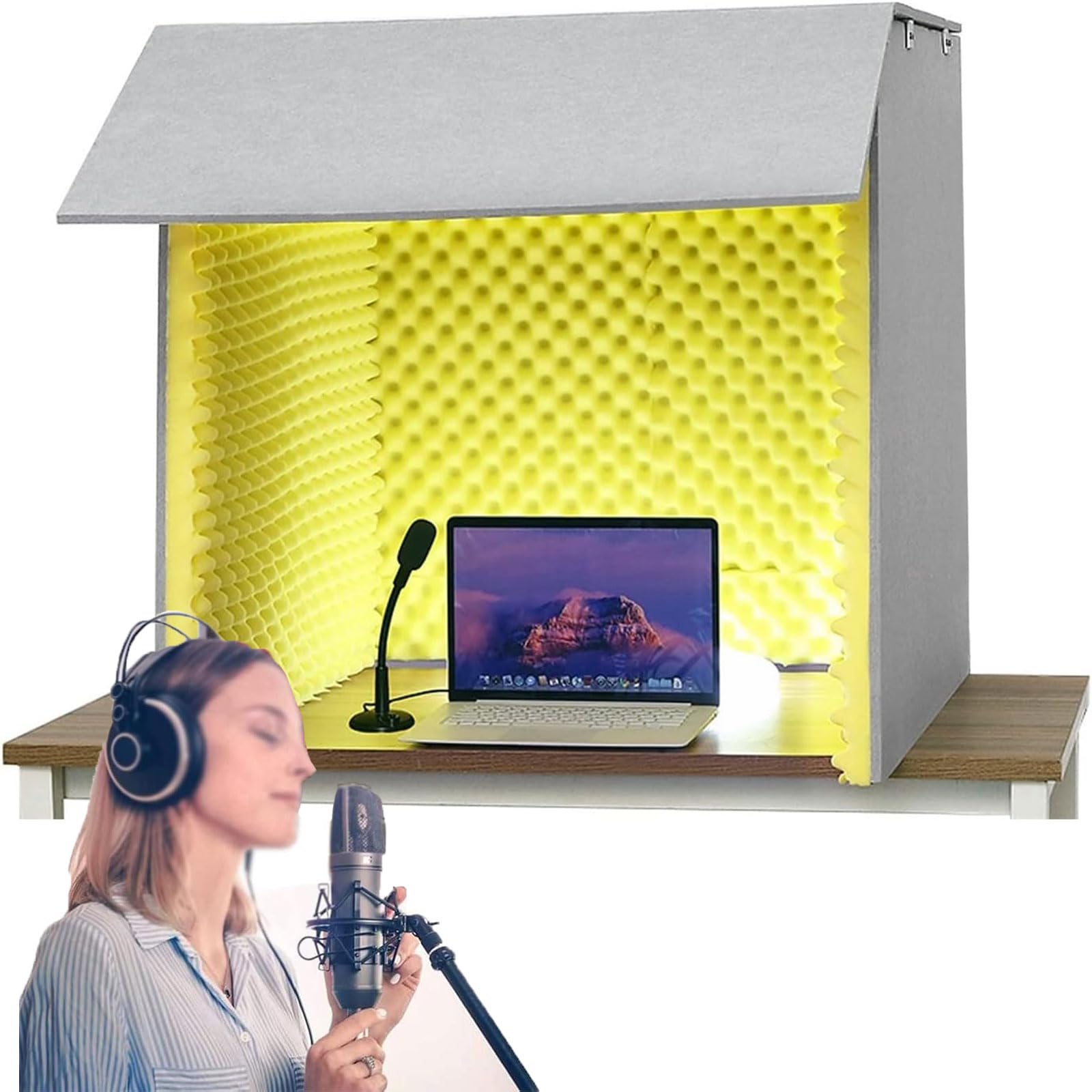 FZSERUN Desktop Soundproof Cover, Portable Recording Booth, Sound Isolation Room for Home Studio, for Microphone Recording Equipment Podcasts Singing Gaming and Broadcasting,Yellow,60 * 60cm