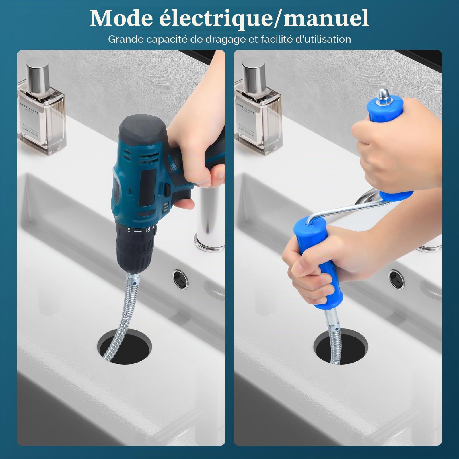 Furet Déboucheur Canalisation Kit avec 6 Têtes Industrielles | 5M Longueur, 12mm Diamètre avec Adaptateur Manuel & Électrique pour Débouchage Intensif et Nettoyage de Tuyauterie