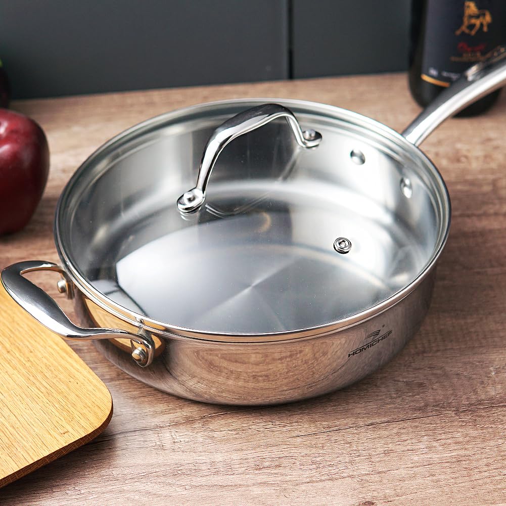 HOMICHEF Mirror Polished NICKELFREE Stainless Steel 3 Quart/ 9.5 Inch Saute Pan with Glass Lid (No Toxic Non Stick Coating, Whole-Clad 3-Ply) - Stainless Steel Saute Pan