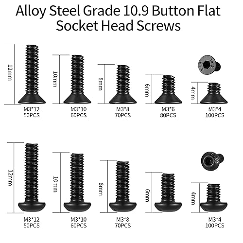 Miniatura 2 de Kit surtido de 720 tornillos hexagonales M3 cabeza panorámica y cabeza plana acero de aleación negro M3x 0157in0236in0315in0394in0472in