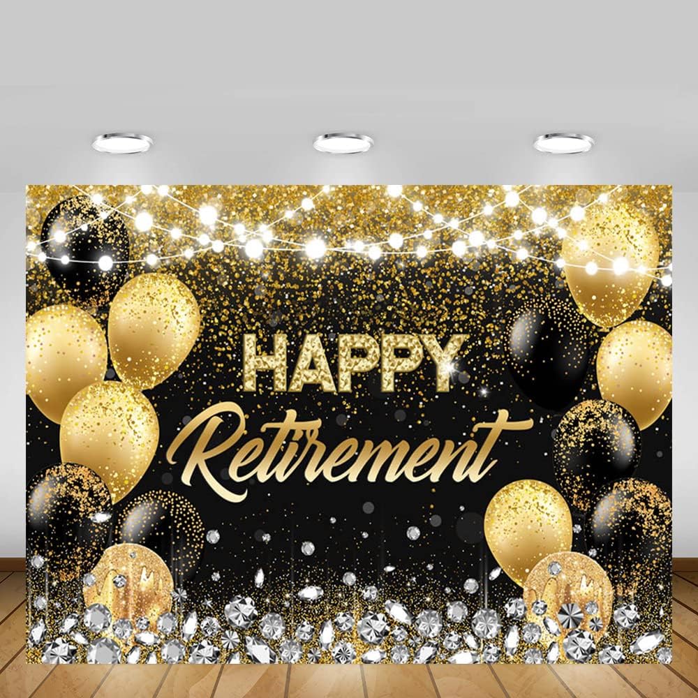 MEHOFOND Happy Retirement Backdrop Black and Gold Congrats Retire Photography Background Fabric Happy Retirement Banner Gold Glitter Diamond We Will Miss You Banner Cake Table Supplies 10x7ft