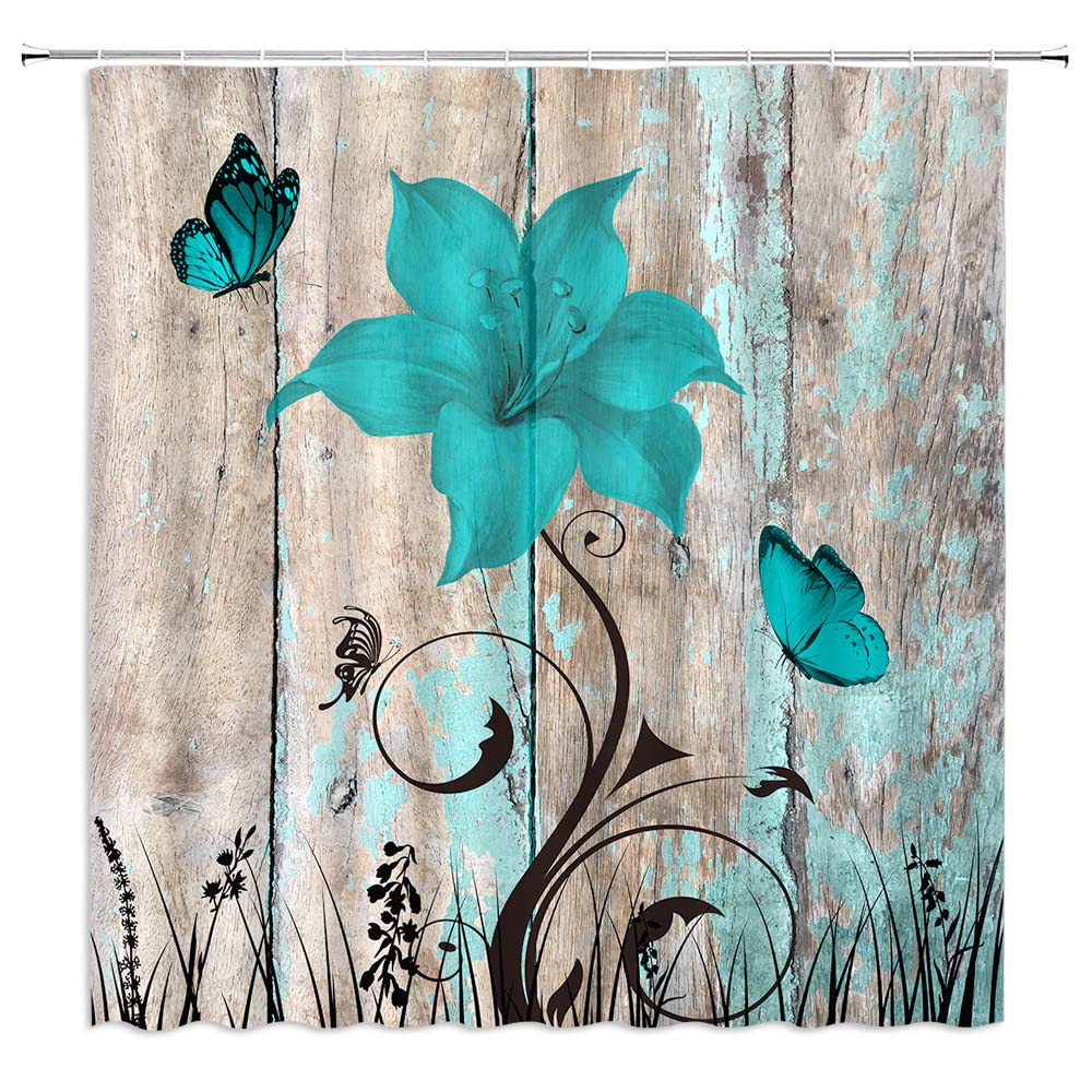 Amazon.com: Rustic Floral Shower Curtain Turquoise Wooden Plank Retro Teal  Lily Vintage Farmhouse Flower Butterfly Old Barn Door Country Decor Fabric  Bathroom Curtain with Hooks : Home & Kitchen