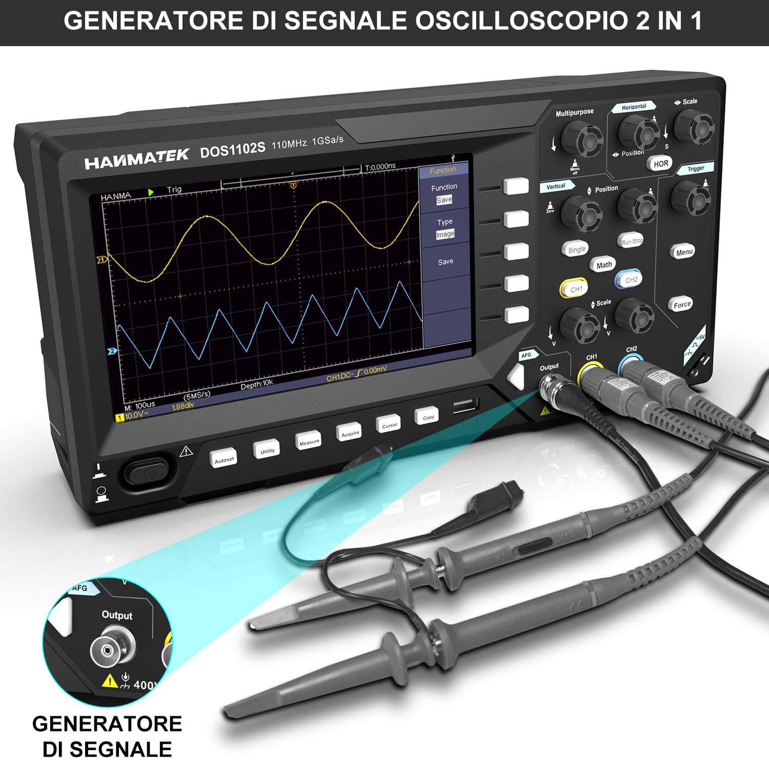 HANMATEK 2 in 1 Oscilloscopio Digitale Generatore di Degnale DDS con Larghezza di Banda 110 MHz, 2 Canali e Display TFT-LCD, Frequenza di Campionamento 500 MS/s *2