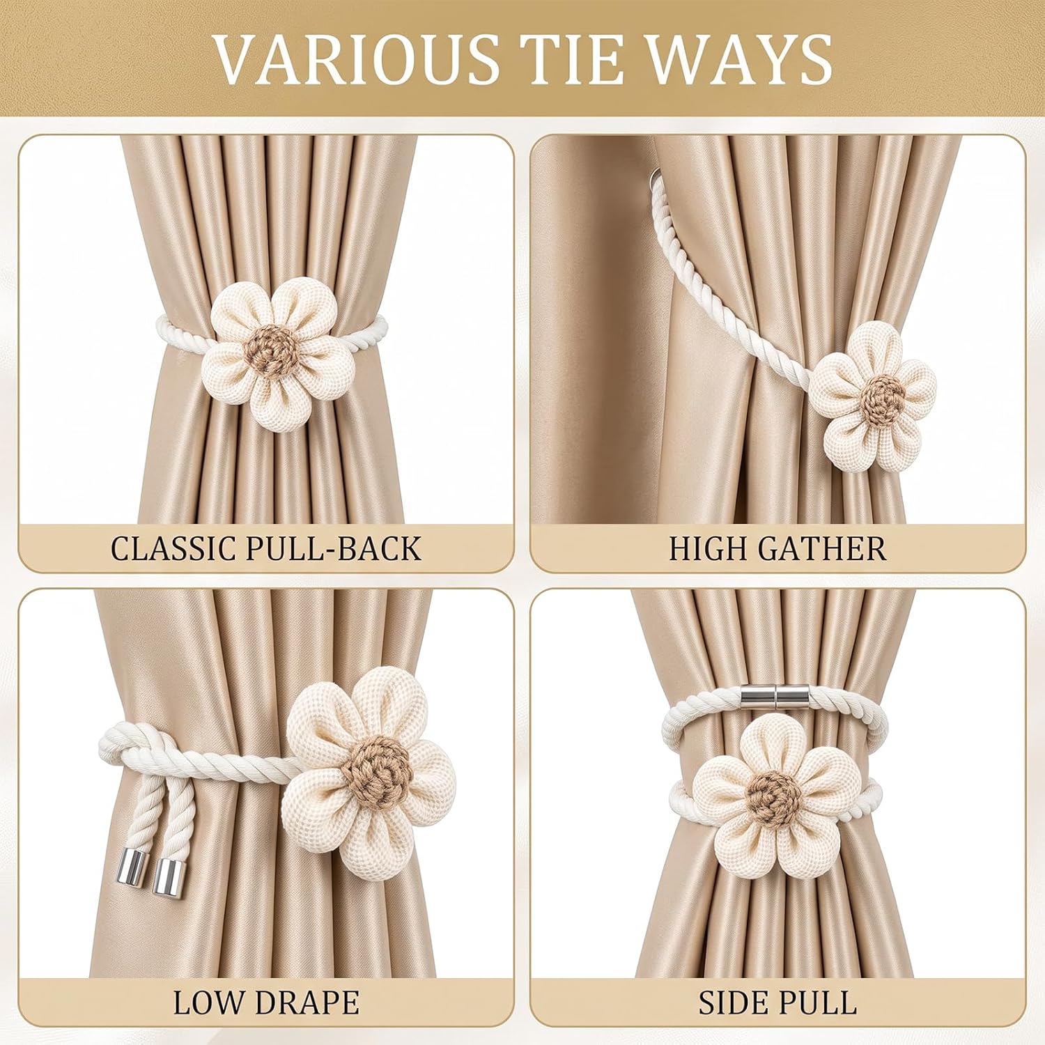 2 Pack Magnetic Curtain Tiebacks, Boho Flower‑Shaped Cotton Linen Curtain Holdbacks, No Drill Decorative Curtain Ties for Bedroom Nursery Living‑Room