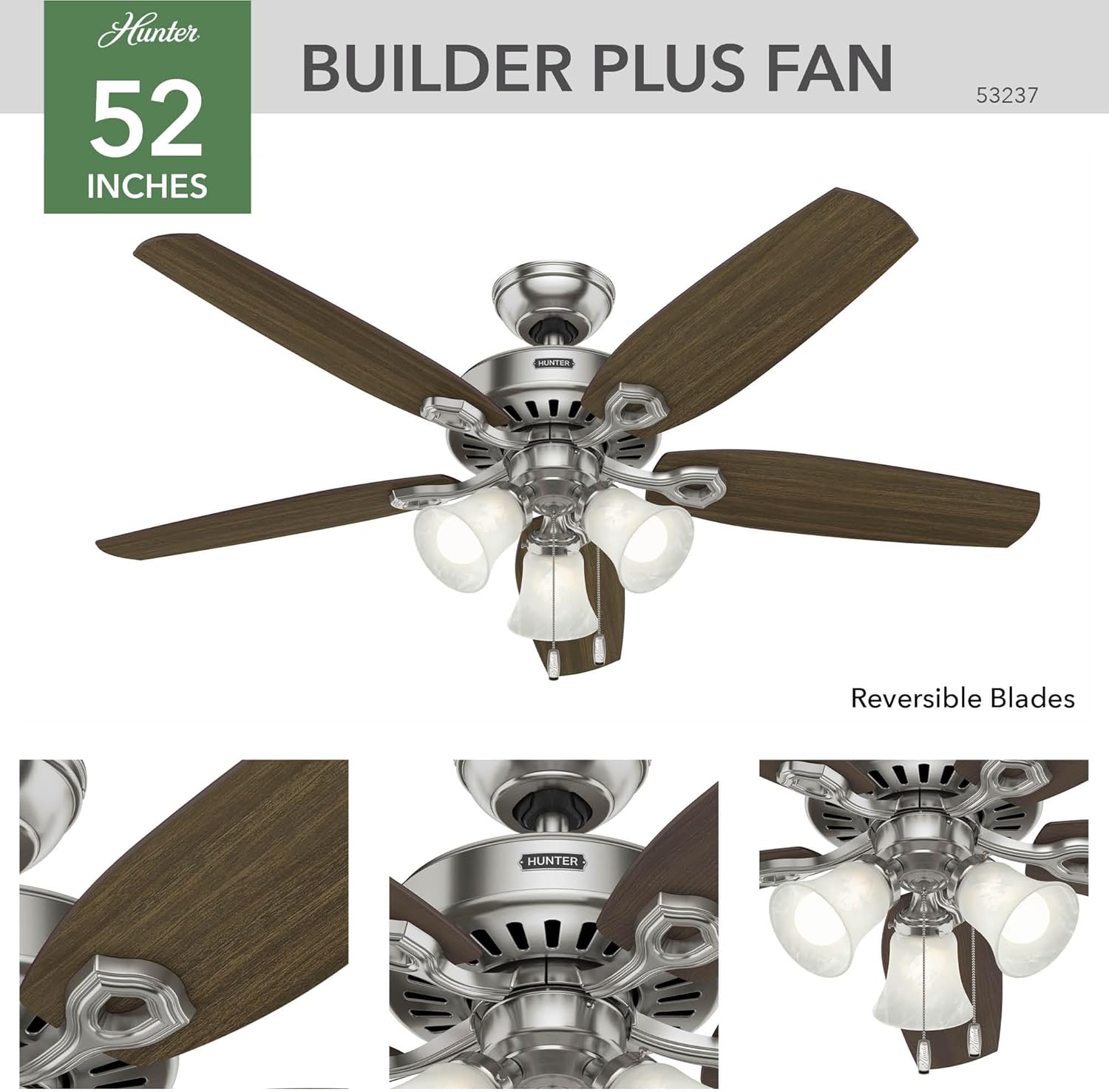 Diagram showing fan dimensions for Low Profile, Standard, and Angled mounts. Standard mount with 3-inch downrod has A: 18.06 inches, B: 10.92 inches.
