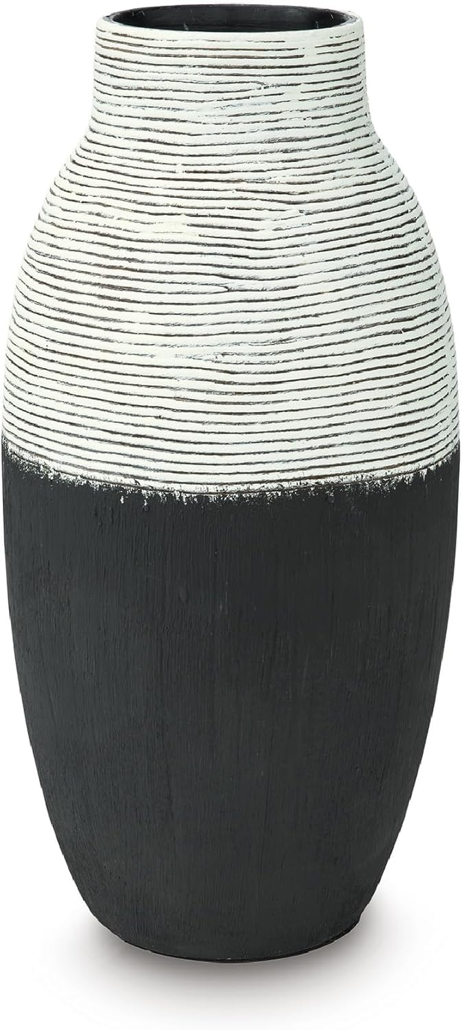 Signature Design by Ashley Tall Large Decorative Vase, Black and White | Heavy 6 lb polyresin construction, Distressed rustic texture and oval shape for non-watertight dry styling, Girtha Series
