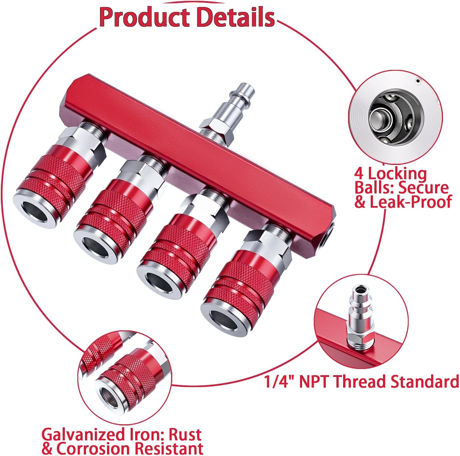 4-Way Air Manifold 1/4 Inch Air Hose Splitter Industrial Connect Fitting 4 Couplers Plug Red